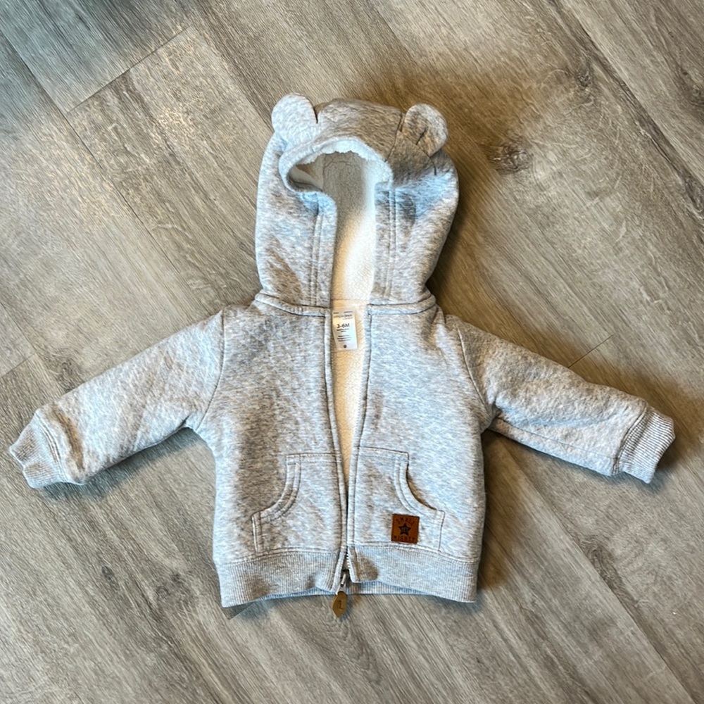 NWOT. Carters gray zip-up Hoodie with white fleece - size 3-6 months